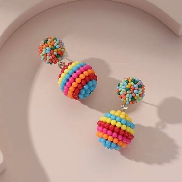 NEW Colorful Beaded Ball Drop Earrings Multicolor Rainbow Festival Boho Confetti - Picture 1 of 5